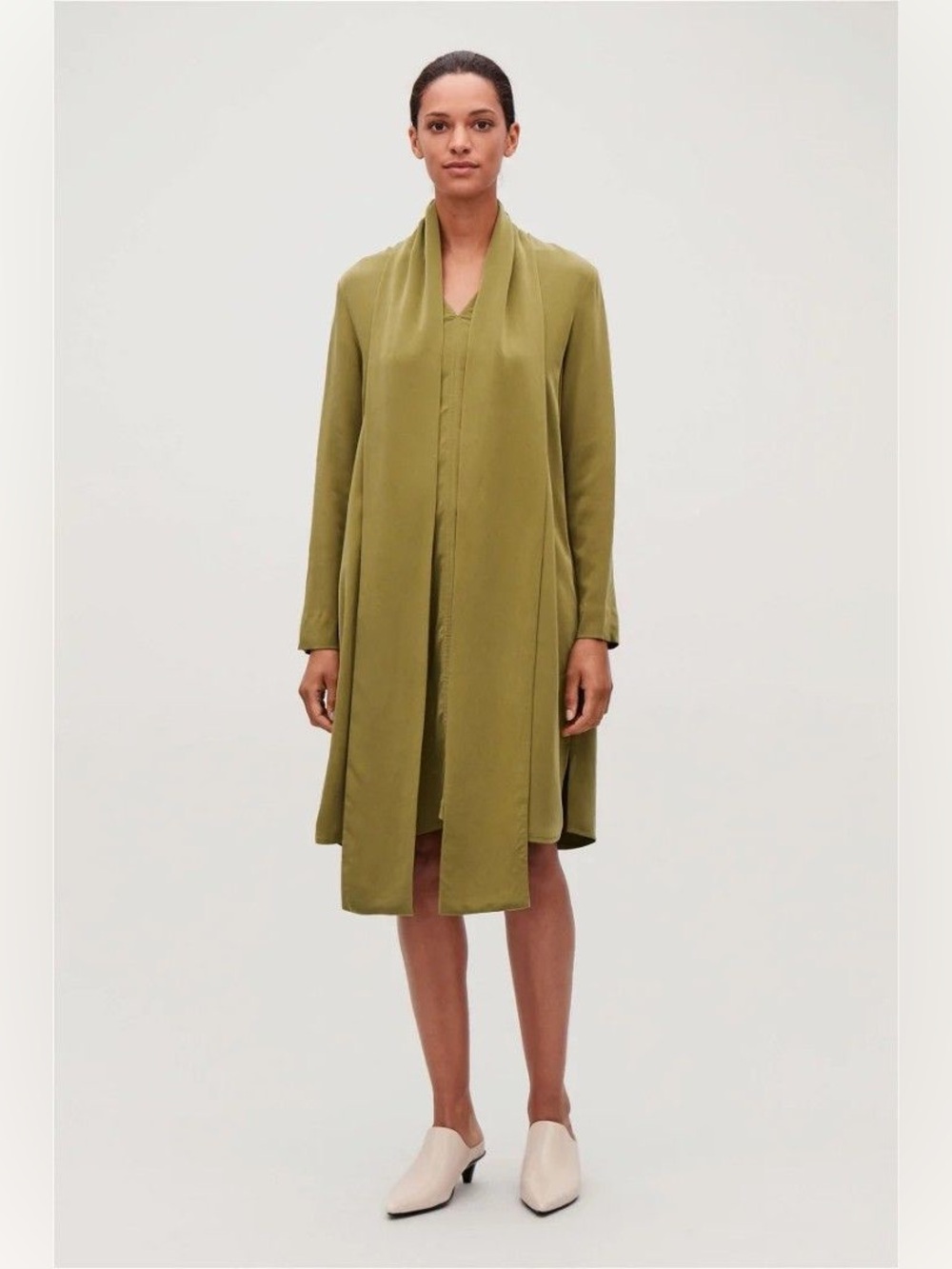 COS Olive Green Scarf-Tie Dress, Size 12 — Oversized Scandi Minimalist Lagenlook